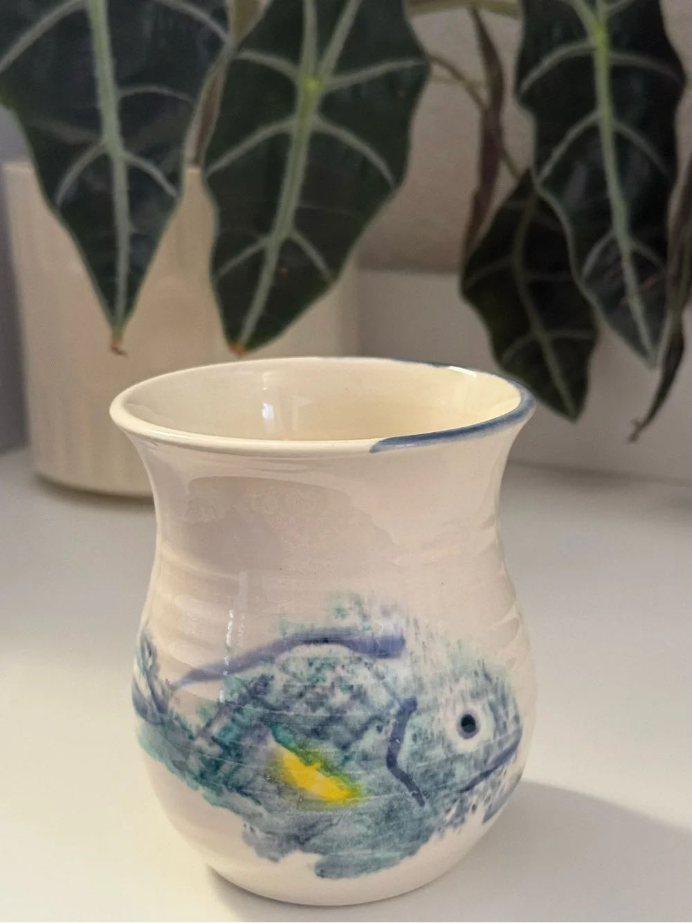 Hand-Painted Studio Pottery Fish Vase in Cream and Blue
